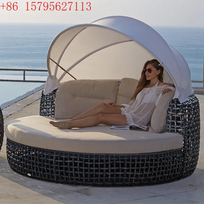 Outdoor leisure rattan sofa queen bed rough rattan recliner round bed combination with canopy round rattan awning lying outside