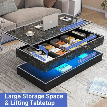 47.2" Large Lift Top Coffee Table with Charging Station, LED Modern High Glossy Center Table with Hidden Compartment Storage, Wh