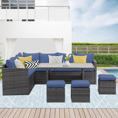 Wisteria Lane Outdoor Patio Furniture Set, 7 Piece Outdoor Dining Sectional Sofa with Dining Table and Chair, All Weather Wicker
