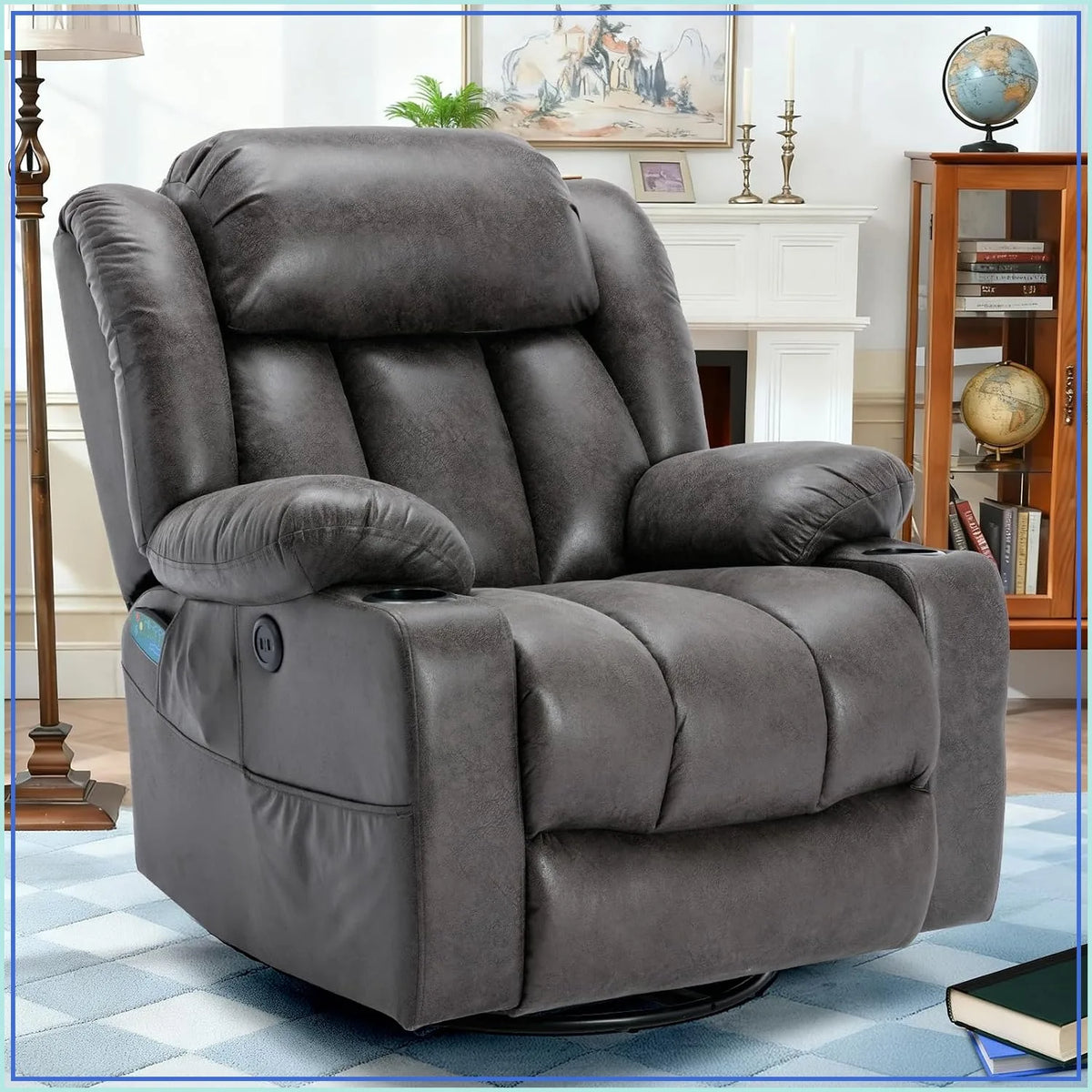 360° Swivel Rocker Recliner Chair Heat Massage Manual Glider Reclining USB Ports Grey