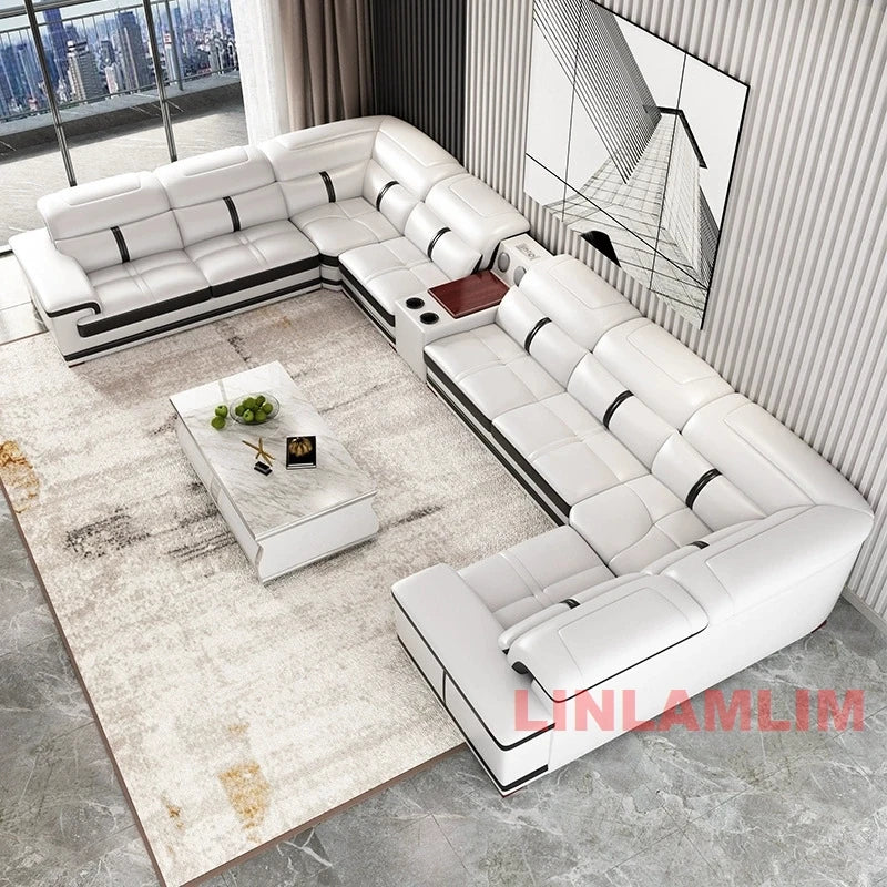 Modern U-Shaped Sectional Sofa with Chaise, White Genuine Leather Couch with Cup Holders, USB – Large Living Room Furniture Set