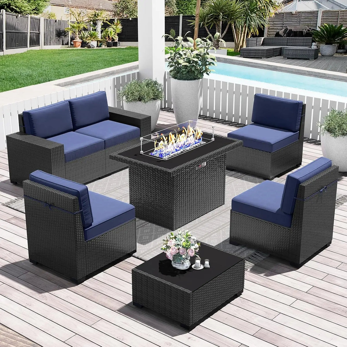 15 Piece Patio Furniture Set with Fire Pit Table, Outdoor Conversation Sets Wicker Rattan Sectional Sofa with Coffee Ta