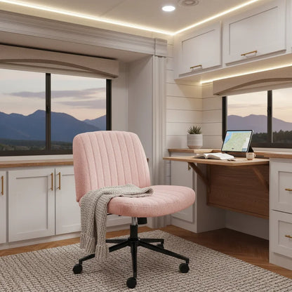 Pink Teddy Fabric Criss-Cross Desk Chair, Armless Swivel Seat with Wheels & Adjustable Height for Home Office