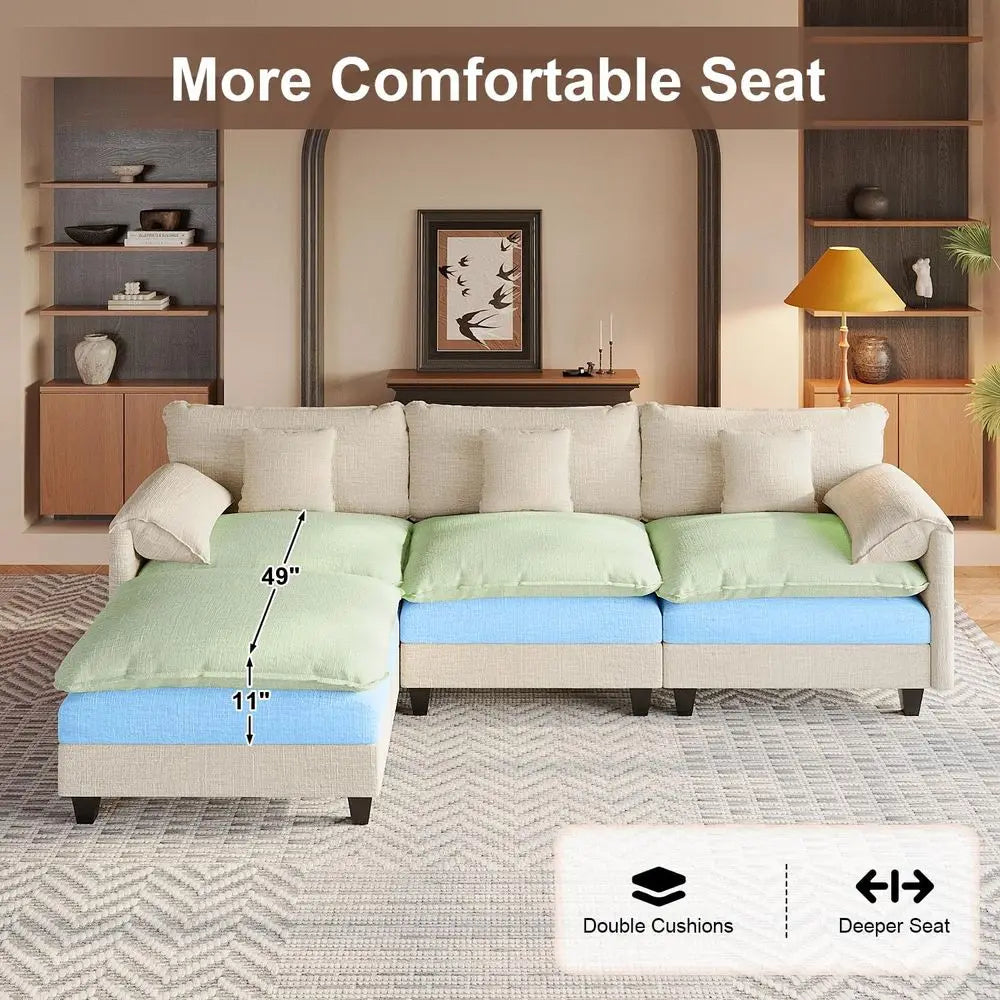 108 L-Shaped Chenille Sofa with Ottoman, Charging Station, Pockets & Pillows for Modern Living Rooms