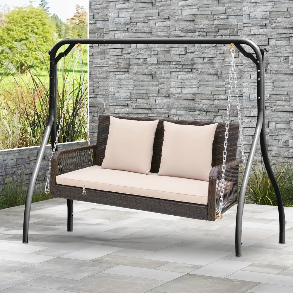 Outdoor Wicker Swing Bench with Cushions and Hanging Chains, 800 lbs Capacity, 2-Seater, Durable Porch Swing for Relaxation
