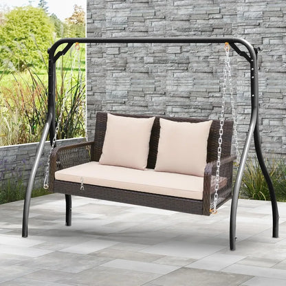 Outdoor Wicker Swing Bench with Cushions and Hanging Chains, 800 lbs Capacity, 2-Seater, Durable Porch Swing for Relaxation