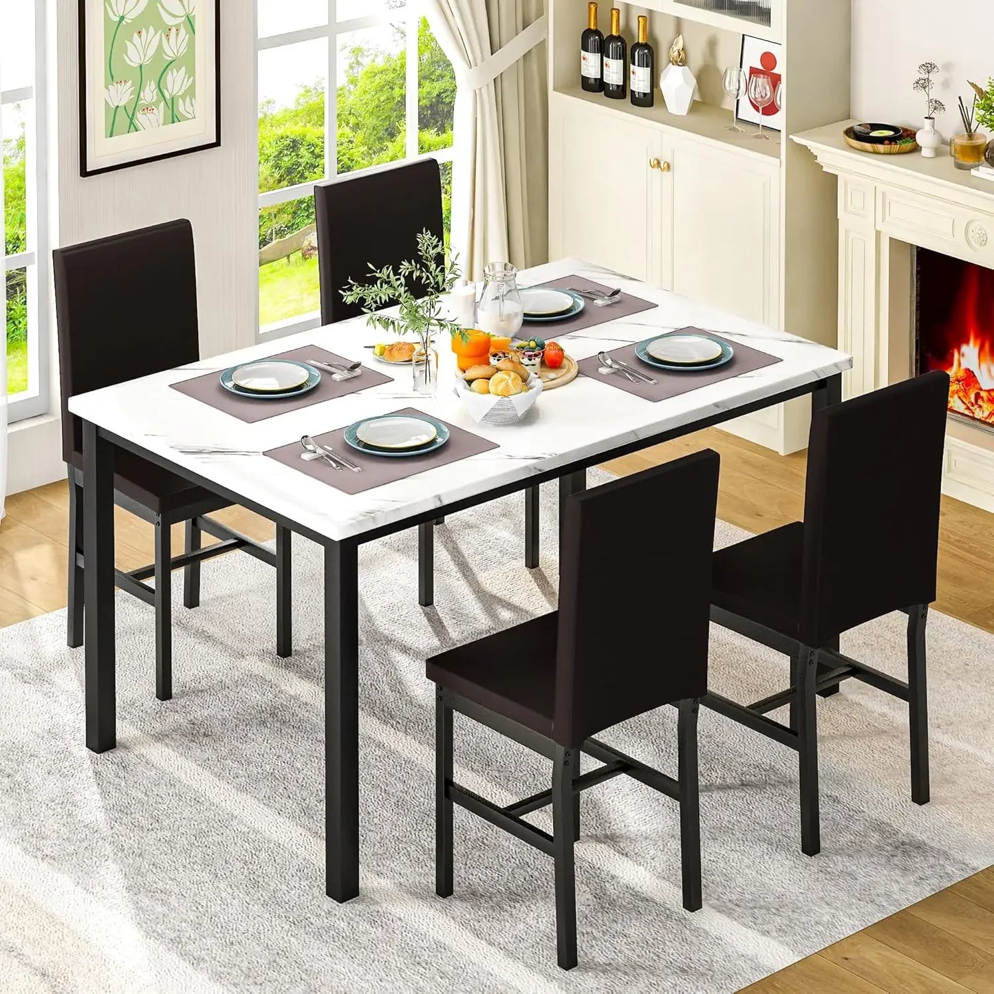 Dining Table Set for 4, Modern Kitchen & Dining Room Sets Faux Marble Table with 4 Leather Chairs for Small Space