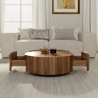 Simple living room coffee table, round wooden coffee table, wooden center, coffee table with drawers