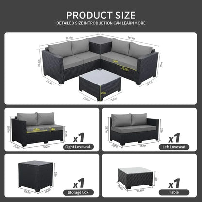 Outdoor PE Wicker Furniture Set 4 Piece Black Rattan Loveseat Couch Set With Storage Box Glass Top Table And Non-Slip Cushion