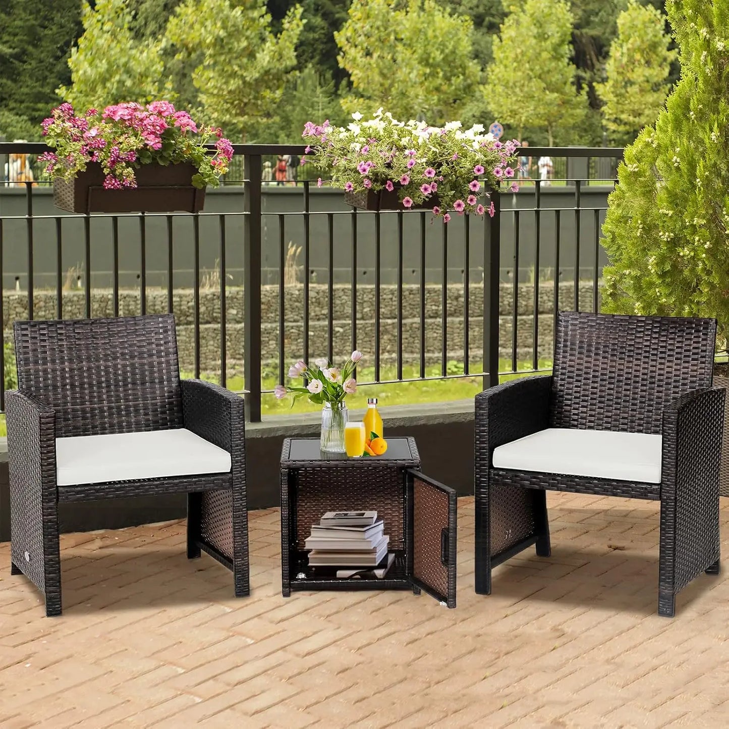 3 Pieces Outdoor Wicker Conversation Set with Waterproof Cover, 2 Patio PE Rattan Cushioned Chairs with Side Storage Table, Suit