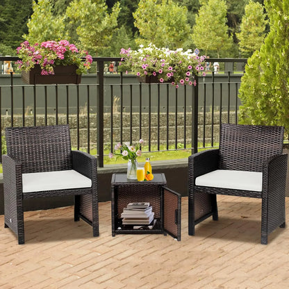 3 Pieces Outdoor Wicker Conversation Set with Waterproof Cover, 2 Patio PE Rattan Cushioned Chairs with Side Storage Table, Suit