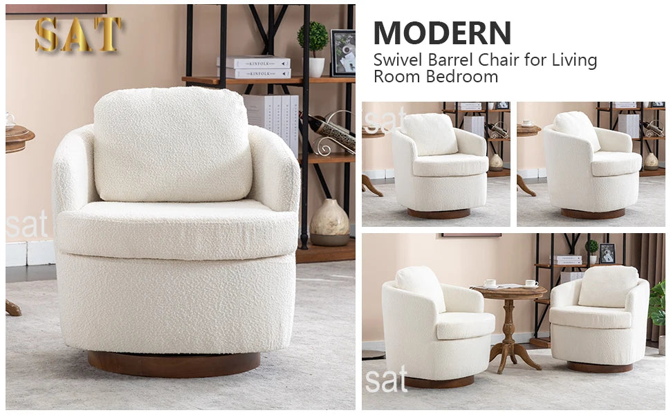 Hot Sales Hot Sales Modern Oversized Swivel Chair Boucle Sherpa Upholstered Barrel Armchair Wood Base White Accent Chair For Liv