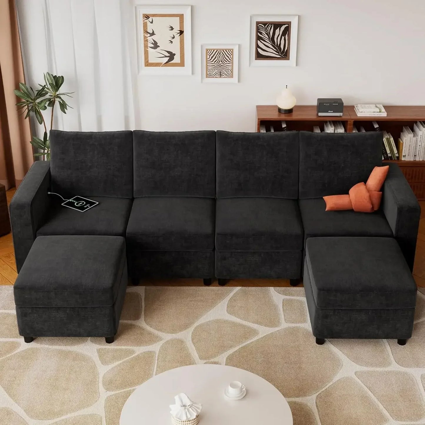 Nordic 108" Sectional Sofa Black Modular Storage U Shaped Couch with Two, 6 Pieces Convertible, USB Chargers Armest