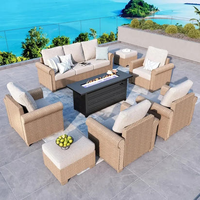 4-Piece Outdoor Patio Furniture Set, Wicker Rattan Conversation Set with 3-Seat Sofa, 2 Chairs, and Coffee Table