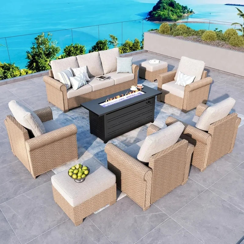 4-Piece Outdoor Patio Furniture Set, Wicker Rattan Conversation Set with 3-Seat Sofa, 2 Chairs, and Coffee Table