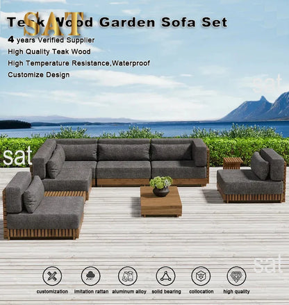 -Hotel Modern Sofa Set Garden Teak Outdoor Furniture Aluminum Wood Terrace Outdoor Sofa Combination Teak Luxury Garden Sofa Set