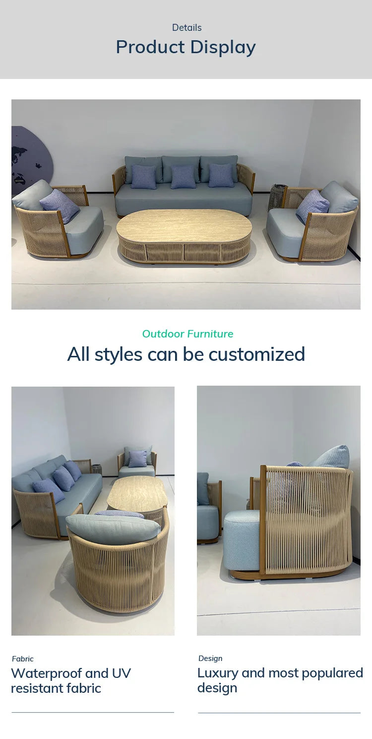 Scandinavian Outdoor Woven Rope Sofa Villa Courtyard Simple Garden Furniture Hotel Resort Leisure Open-Air Waterproof Sofa Couch