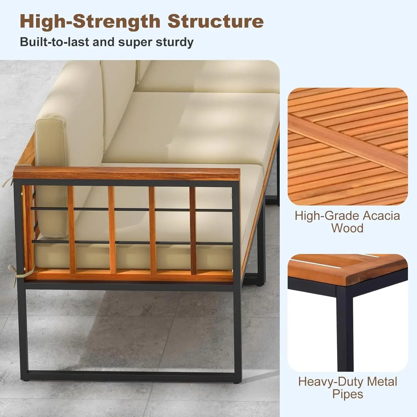 5 Piece Patio Furniture Set, Acacia Wood Sectional Set, Comfy Seat & Back Cushions, Outdoor Wood Conversation Chair Set (Beige)