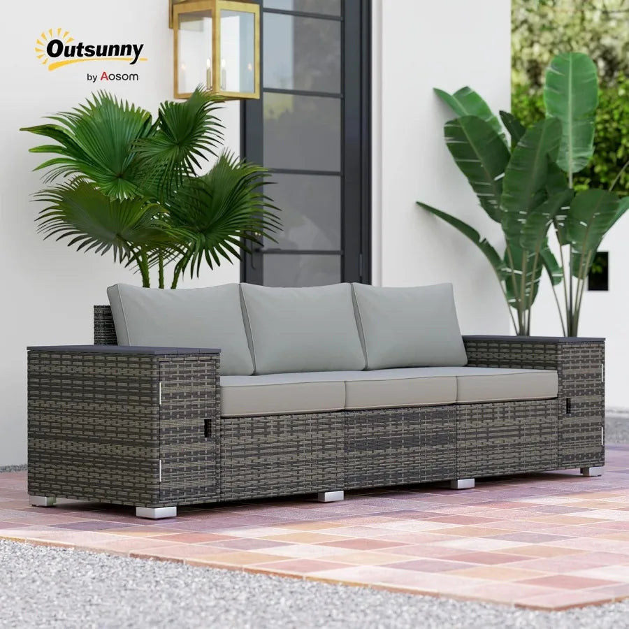 3 Seater Wicker Sofa with 2 Storage Side Tables and Thickened Cushions Rattan Outdoor Patio Sofa with Wide Armrests for Porch G