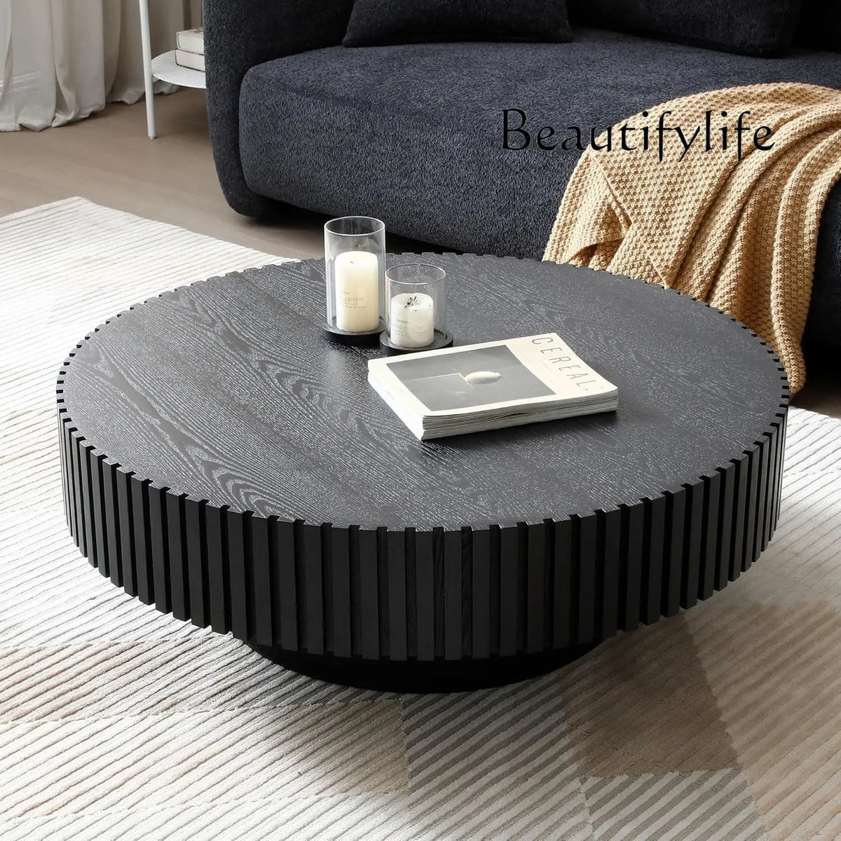 SS Modern Wooden Coffee Table Round Black With Solid Wood Veneered, Circle Center Table Accent Tea Table For Living Room Apartme