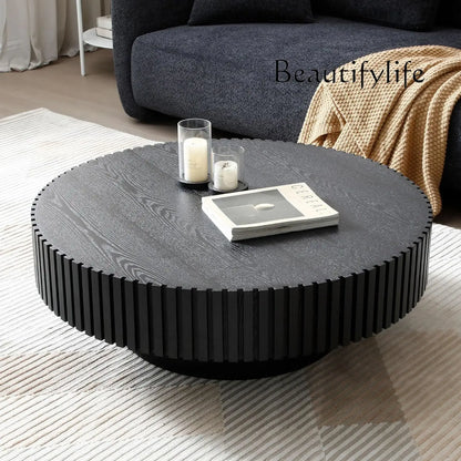 SS Modern Wooden Coffee Table Round Black With Solid Wood Veneered, Circle Center Table Accent Tea Table For Living Room Apartme