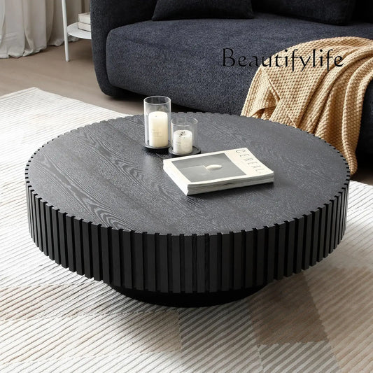 SS Modern Wooden Coffee Table Round Black With Solid Wood Veneered, Circle Center Table Accent Tea Table For Living Room Apartme