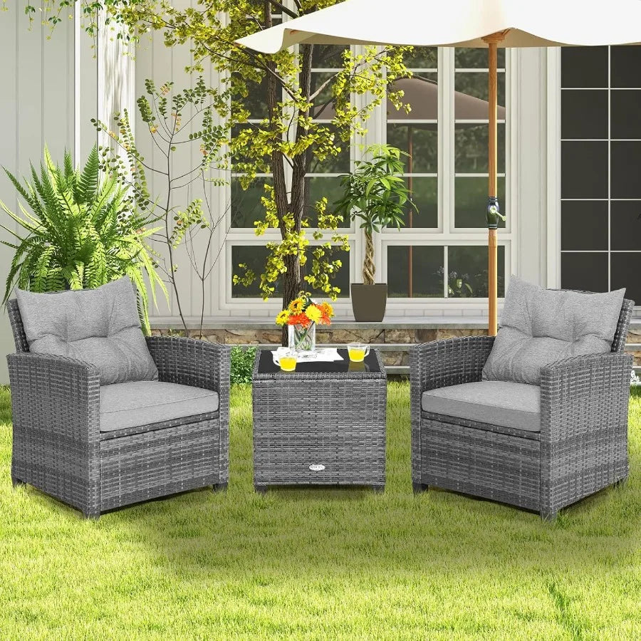 3Piece Outdoor Patio Furniture Set with Wicker Rattan Sofa and Cushions Tempered Glass Coffee Table Ideal for Poolside Backyard