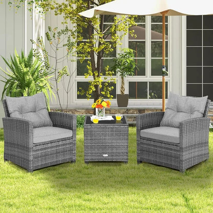 3Piece Outdoor Patio Furniture Set with Wicker Rattan Sofa and Cushions Tempered Glass Coffee Table Ideal for Poolside Backyard