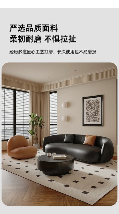 small apartment curved beauty salon Internet celebrity clothing store, rest area negotiation, black leather sofa