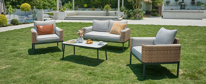 4-Piece Wicker Patio Furniture Set, All-Weather Rounded Rattan Conversation Set Sectional Sofa with 5'' Thick Cushions