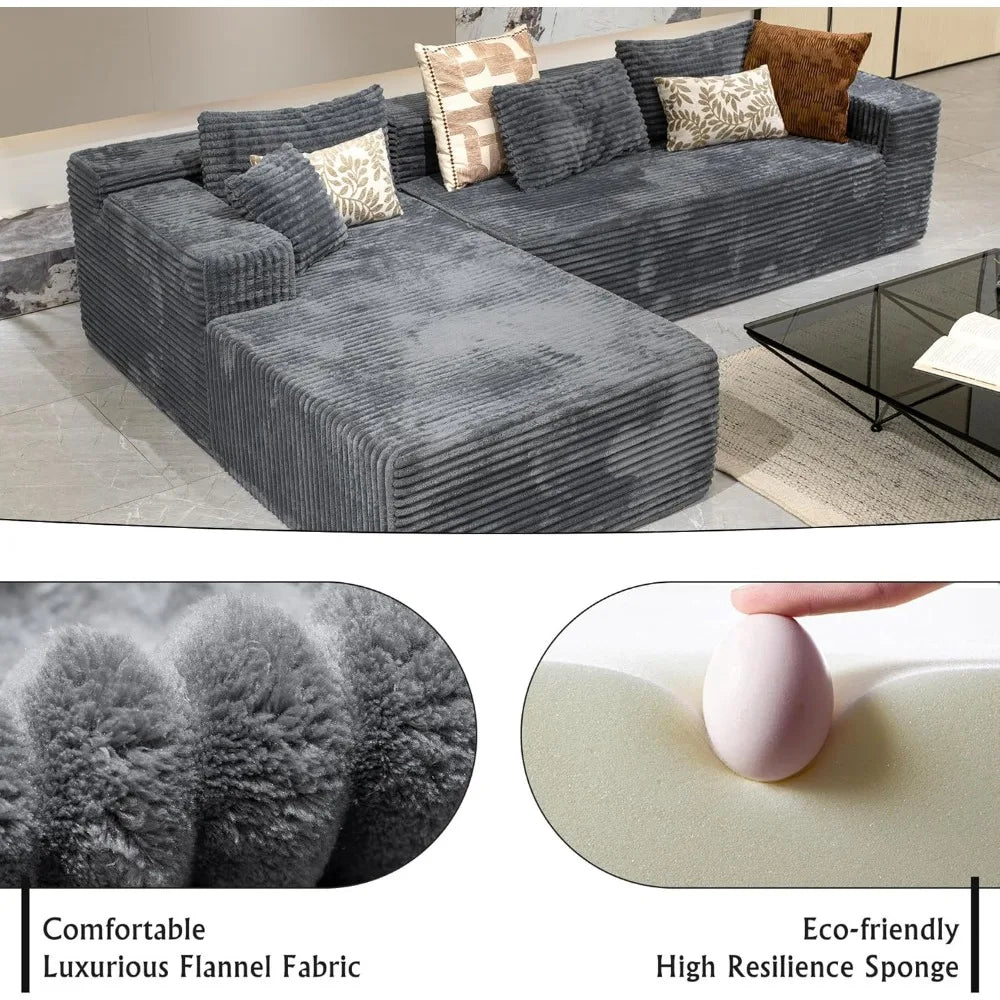 Grey sectional couches for Living Room-Corduroy Couch，104 Cloud Sectional Couch with L-Shape Chaise， Modern Modular Sofa, Deep S