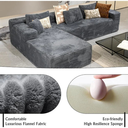 Grey sectional couches for Living Room-Corduroy Couch，104 Cloud Sectional Couch with L-Shape Chaise， Modern Modular Sofa, Deep S