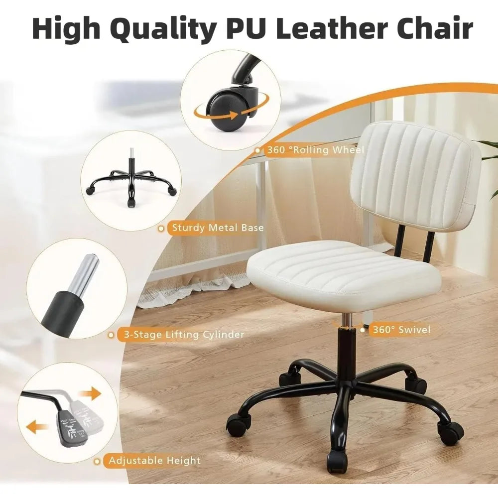 Small Office Desk Chair with Wheels, Armless Desk Chair with Lumbar Support, PU Leather Low Back Adjustable Height 360
