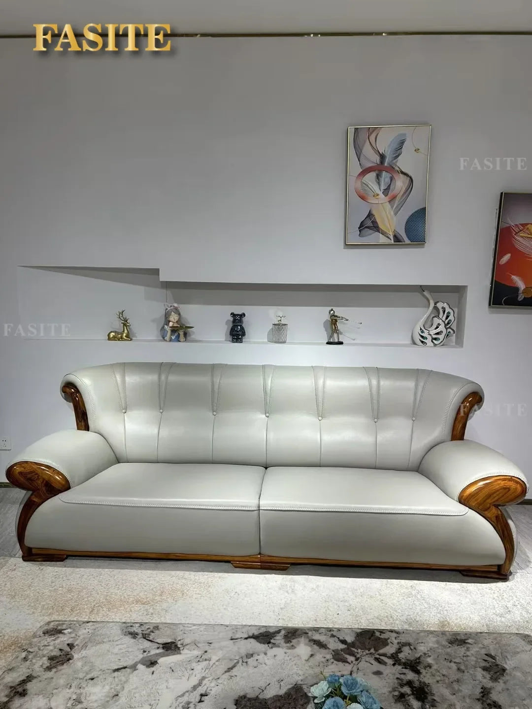 Ebony leather sofa modern light luxury high-end living room villa first layer cowhide solid wood new Chinese-style small