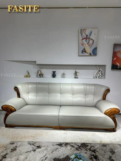 Ebony leather sofa modern light luxury high-end living room villa first layer cowhide solid wood new Chinese-style small