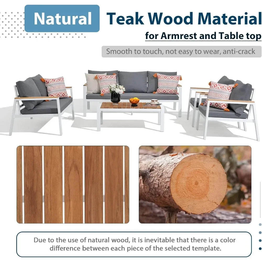 Patio Furniture Set 5 Pieces with Teak Coffee Table & Cushion, Outdoor Patio Furniture Sectional Patio Sofa