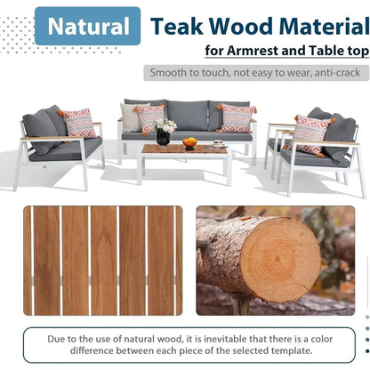 Patio Furniture Set 5 Pieces with Teak Coffee Table & Cushion, Outdoor Patio Furniture Sectional Patio Sofa