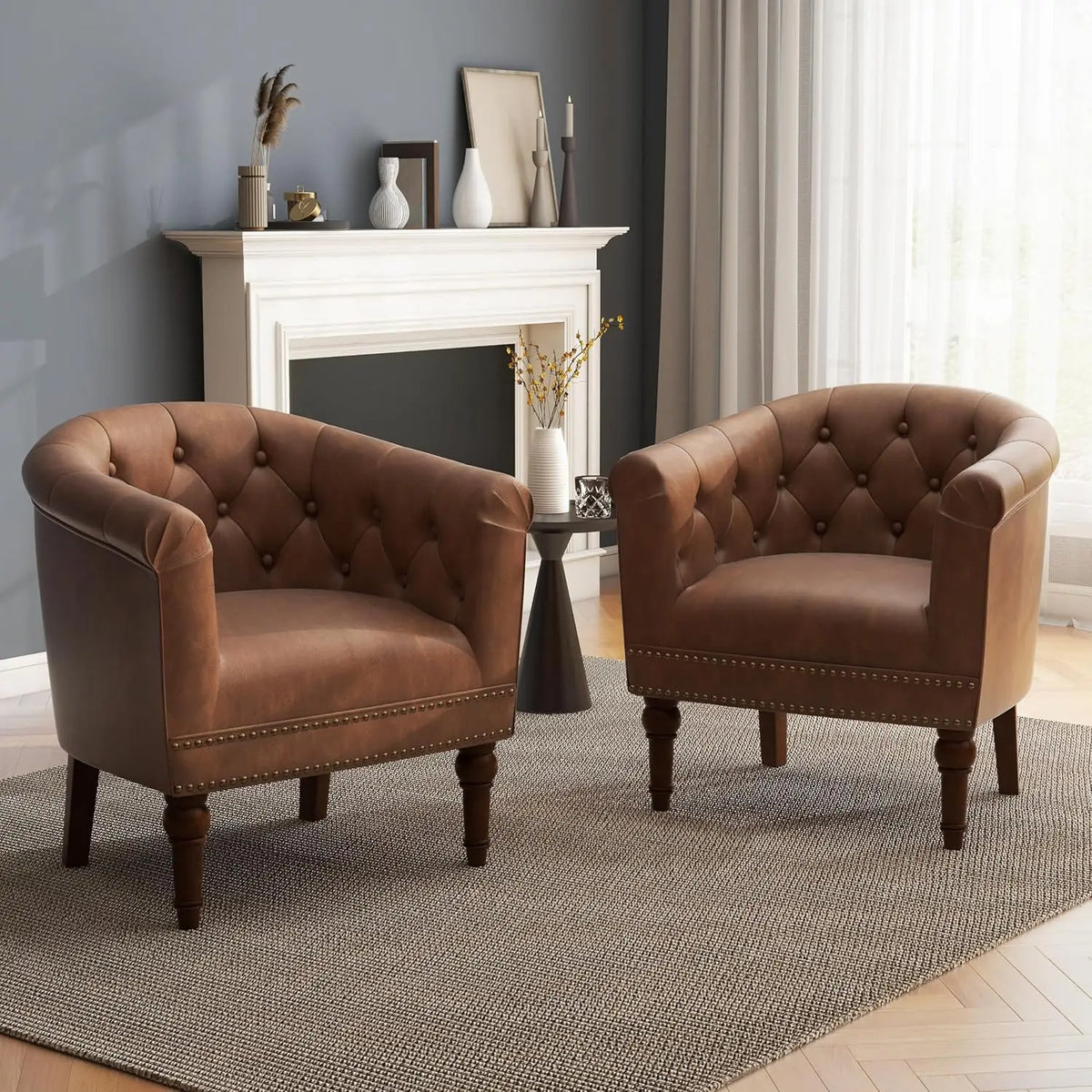 Faux Leather Barrel Accent Chairs Set of 2, Round Club Chair Modern Upholstered Armchair for Living Room, Comfy Nailed Trim Arm