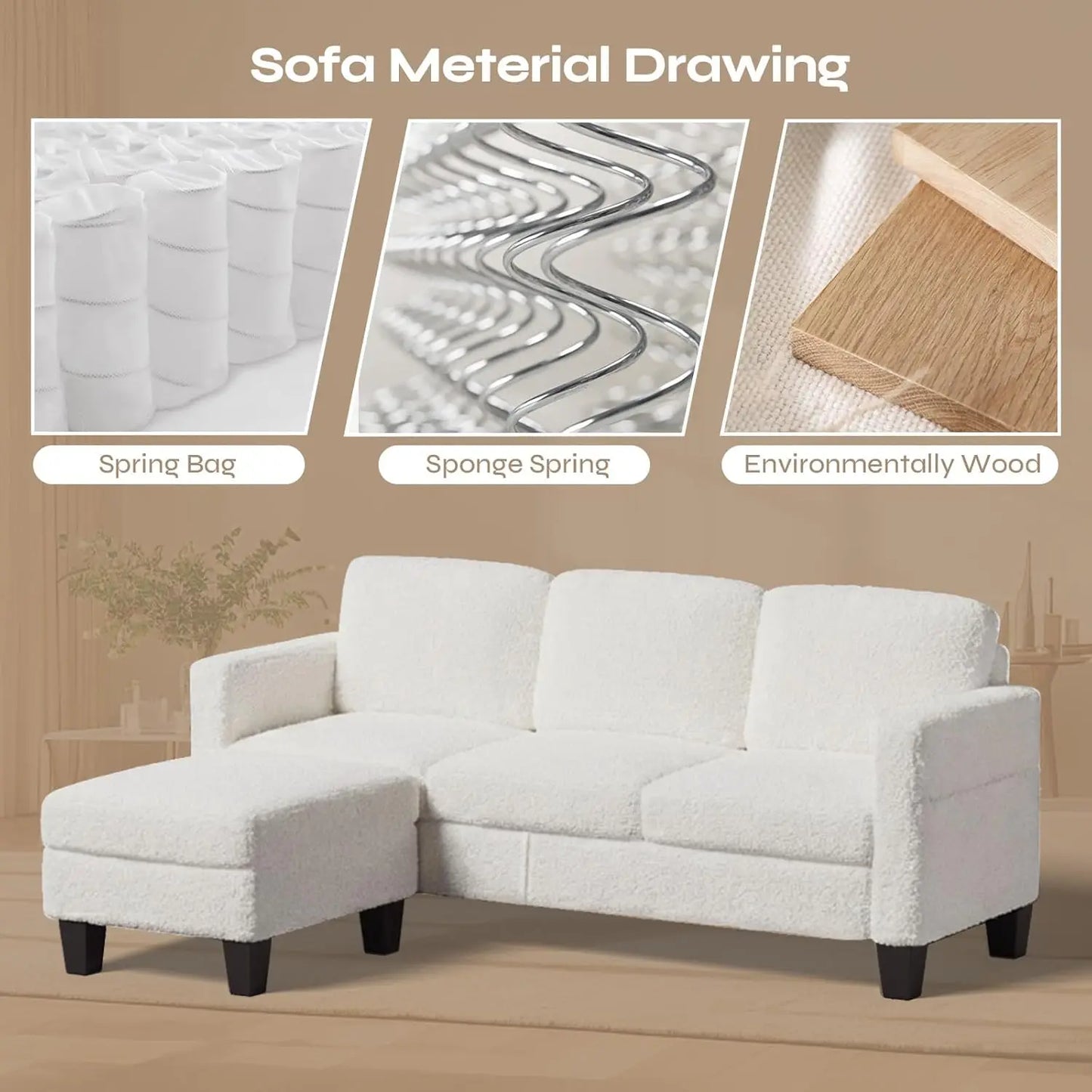 L-Shape Sectional Sofa Reversible Chaise Boucle Spring Cushion Living Room Apartment Small Space, Customized