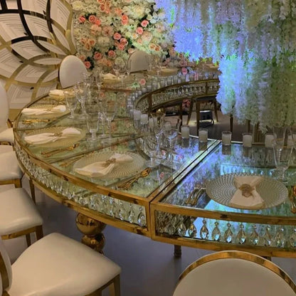 Hotel Modern Luxury Event Banquet Table Golden Stainless Steel Frame Glass Top Serpentine Wedding Table