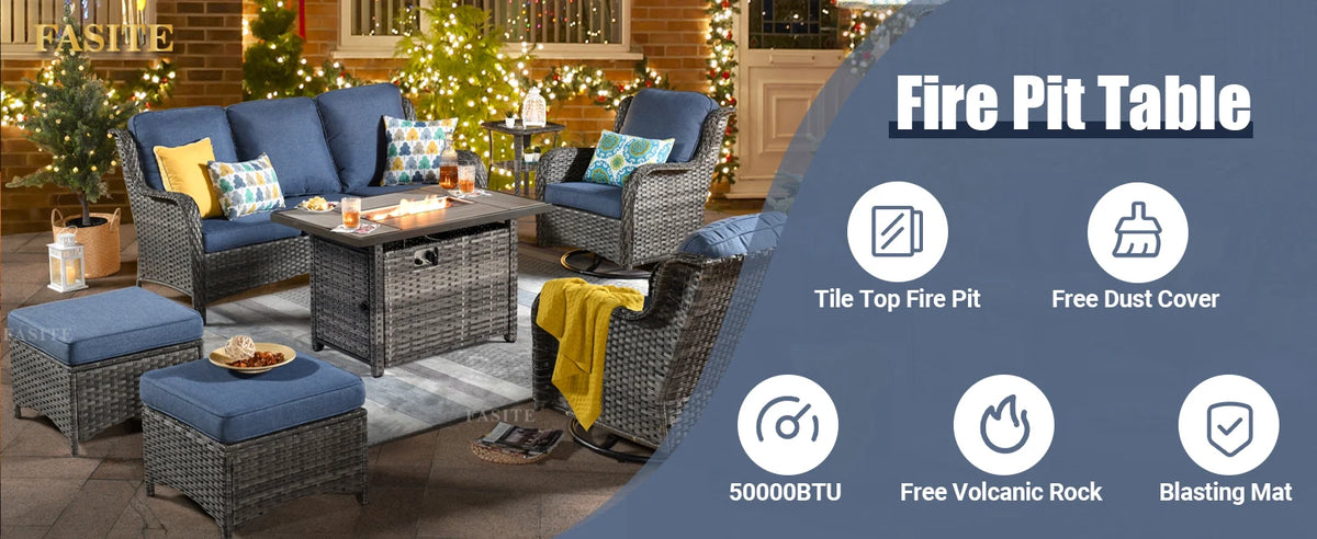 50,000 BTU Rectangular Propane Fire Pit Table 7-Piece High-Back Conversation Sofa and Matching Side Table,Grey Rattan Denim Blue