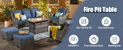 50,000 BTU Rectangular Propane Fire Pit Table 7-Piece High-Back Conversation Sofa and Matching Side Table,Grey Rattan Denim Blue