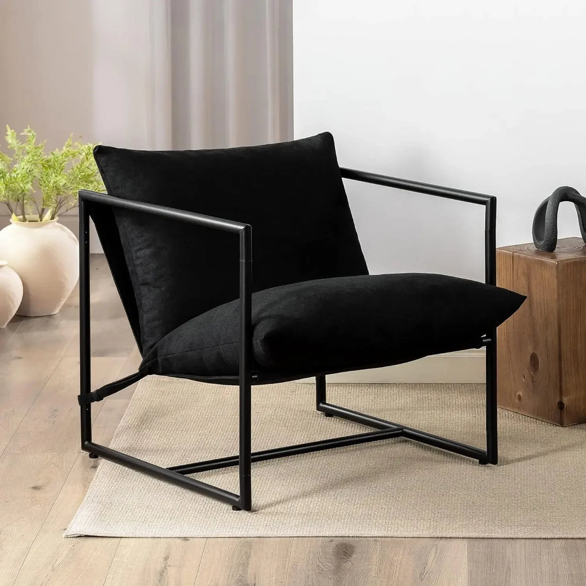 /Sling Accent Chair / Metal Framed Armchair with Shredded Foam Cushioning, Dark Grey