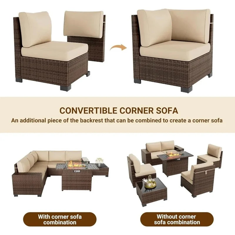 7 PCS Outdoor Sectional Conversation Set with 44" Propane Gas Firepit Table and Widen Wicker Armrests for Patio Furniture