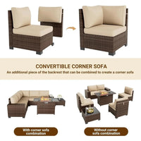 7 PCS Outdoor Sectional Conversation Set with 44" Propane Gas Firepit Table and Widen Wicker Armrests for Patio Furniture