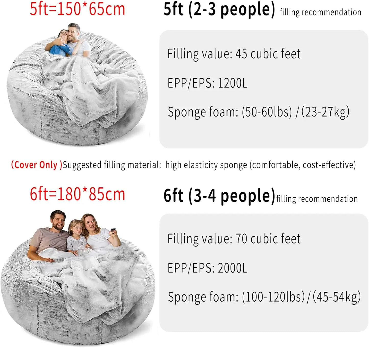 Soft Fluffy Velvet Bean Bag Chair Cover, Washable 6ft Round for Adults Living Room Bedroom