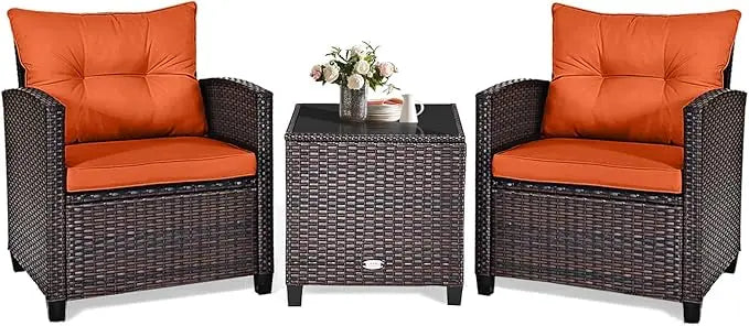 3 Piece Patio Furniture Set, Outdoor Conversation Set with Washable Cushions & Tempered Glass Tabletop, PE Rattan Wicker Bistro