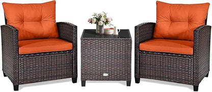 3 Piece Patio Furniture Set, Outdoor Conversation Set with Washable Cushions & Tempered Glass Tabletop, PE Rattan Wicker Bistro