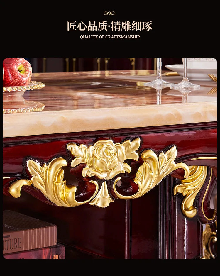 HLZ European Style Solid Wood Dining Table with Marble Top for Home Use, Villa Large Dining Table and Chair Set