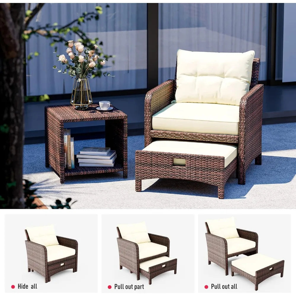 Outdoor Patio Wicker Chair Set for 5 with Ottoman, Cushions, and Coffee Table Conversation Area